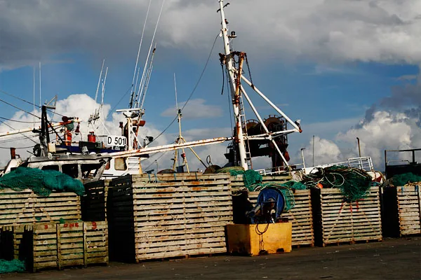 Fischkutter im Hafen, davor gestapelte Holzkisten und grüne Netze unter bewölktem Himmel