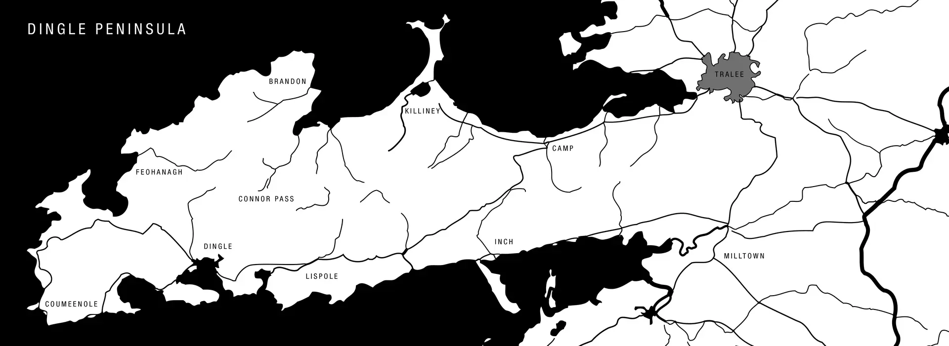 Schwarz-weiße Karte der Halbinsel mit Straßen und Ortsnamen, von Coumeenole im Westen bis Tralee im Osten