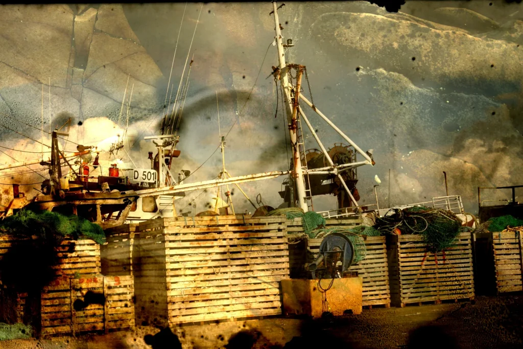 Fischkutter und Holzkisten im Hafen, der Himmel mit Rissen und Rauchschwaden