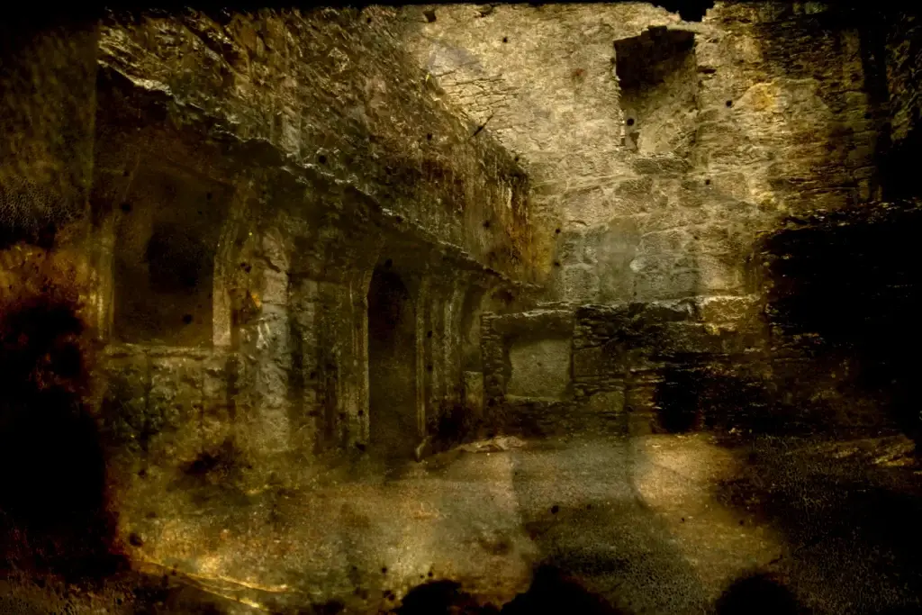 Ruine mit Steinbögen und verwitterten Mauern in grünlichem Dunkel